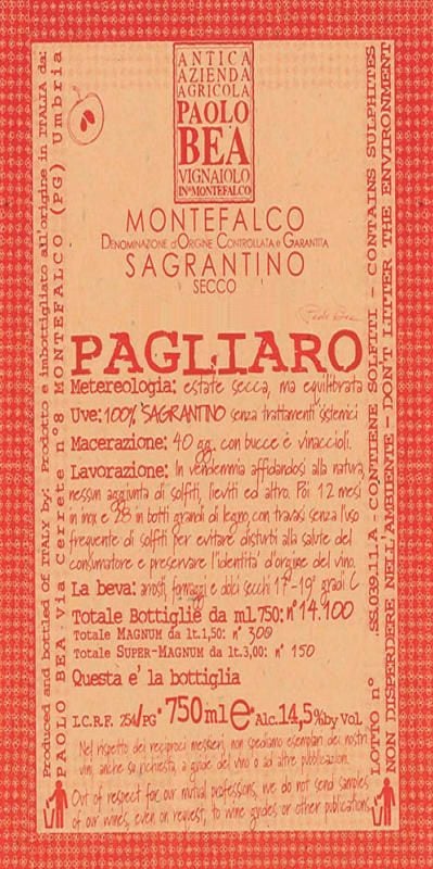 Paolo Bea Pagliaro Montefalco Sagrantino Secco 2020 750 ML
